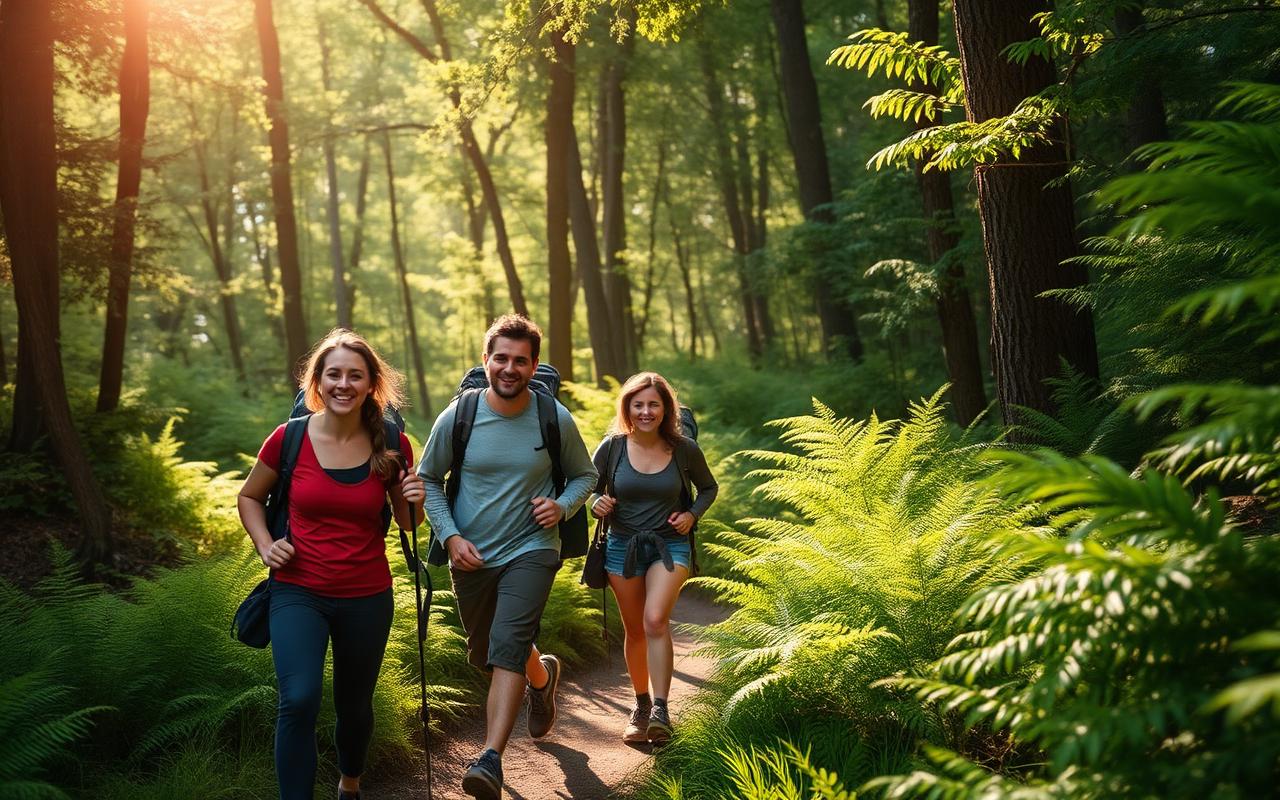 Family hiking through a green forest, representing people who could benefit from Lyme protection