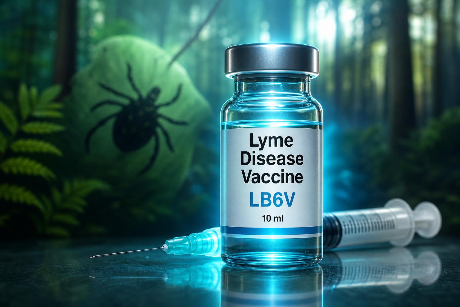Glowing LB6V Lyme disease vaccine vial with syringe and tick silhouette in forest background